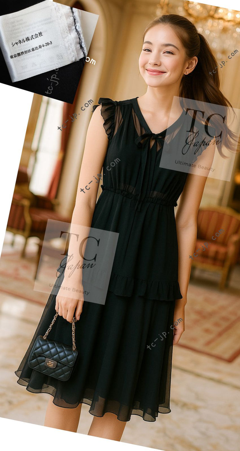CHANEL 02S Black Silk Sleeveless Pleated Dress 38 シャネル ブラック シルク ノースリーブ プリーツ ワンピース 即発