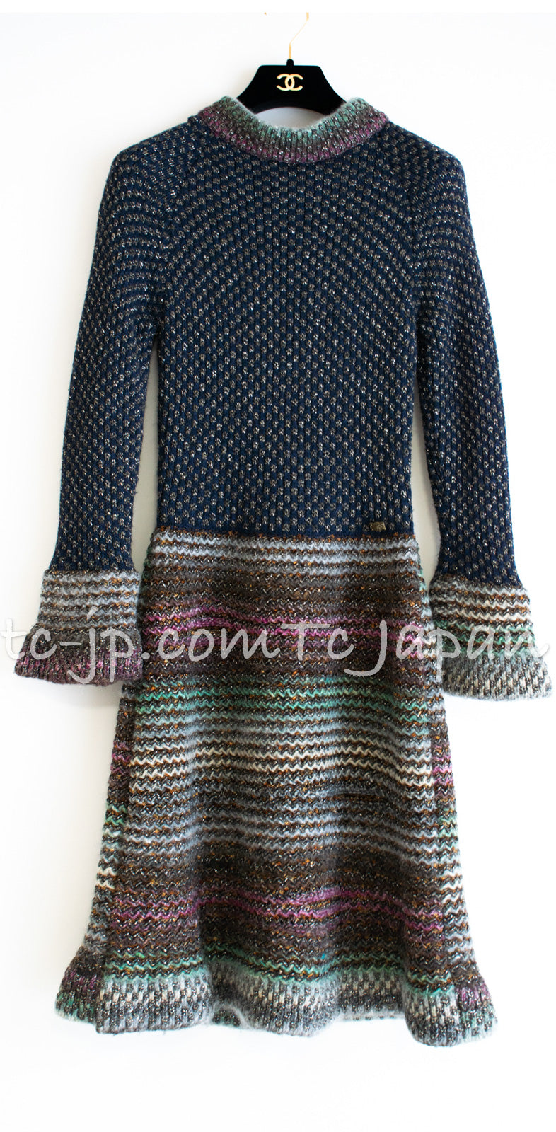 CHANEL 11PF Paris Byzance Gold Thread Mix Wool Knit Dress 34 36 38 シャネル  ネイビー ミックス メタリック ニット ワンピース 即発