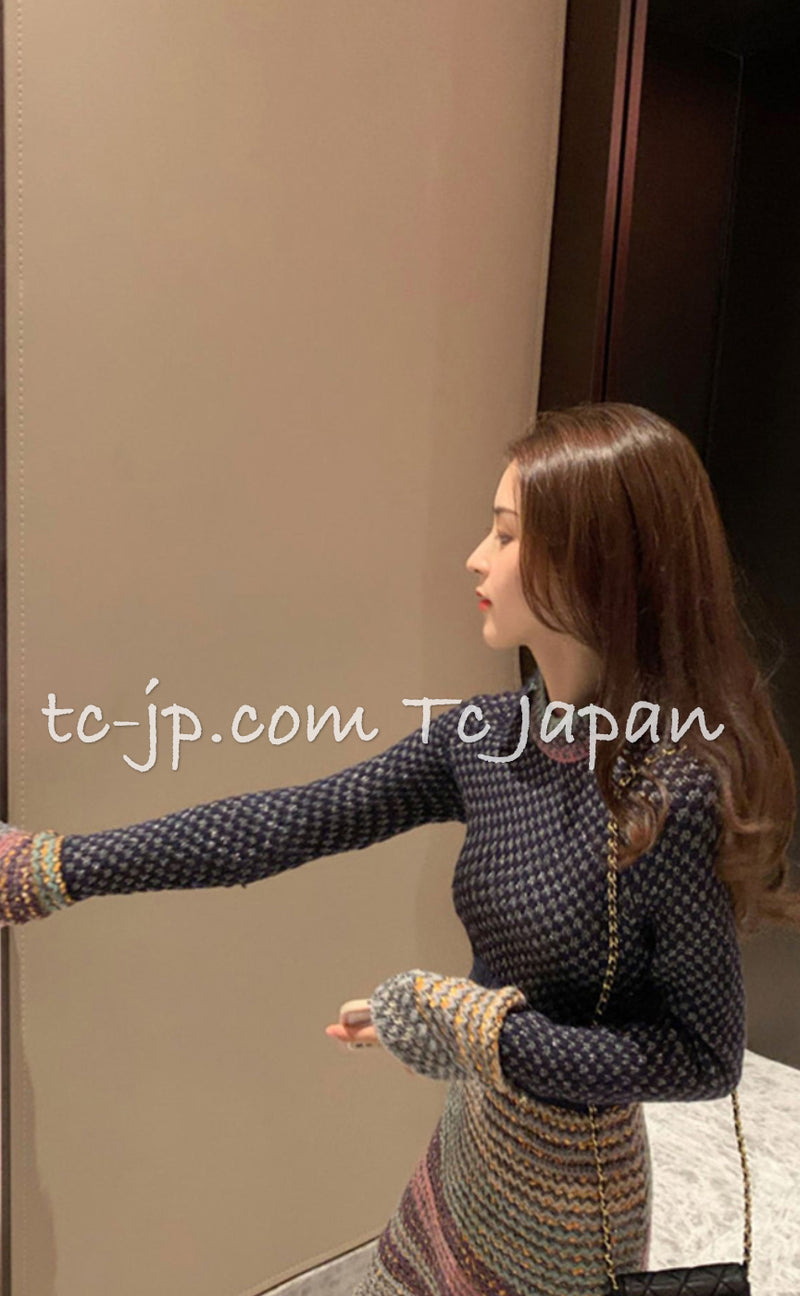 CHANEL 11PF Paris Byzance Gold Thread Mix Wool Knit Dress 34 36 38 シャネル ネイビー ミックス メタリック ニット ワンピース 即発