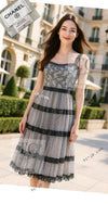 CHANEL 02S White Gray Dots Silk Set Up Camisole & Pleated Skirt 38 40 シャネル ホワイト グレー セットアップ キャミソール ＆ プリーツ スカート 即発