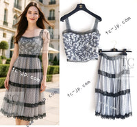 CHANEL 02S White Gray Dots Silk Set Up Camisole & Pleated Skirt 38 40 シャネル ホワイト グレー セットアップ キャミソール ＆ プリーツ スカート 即発