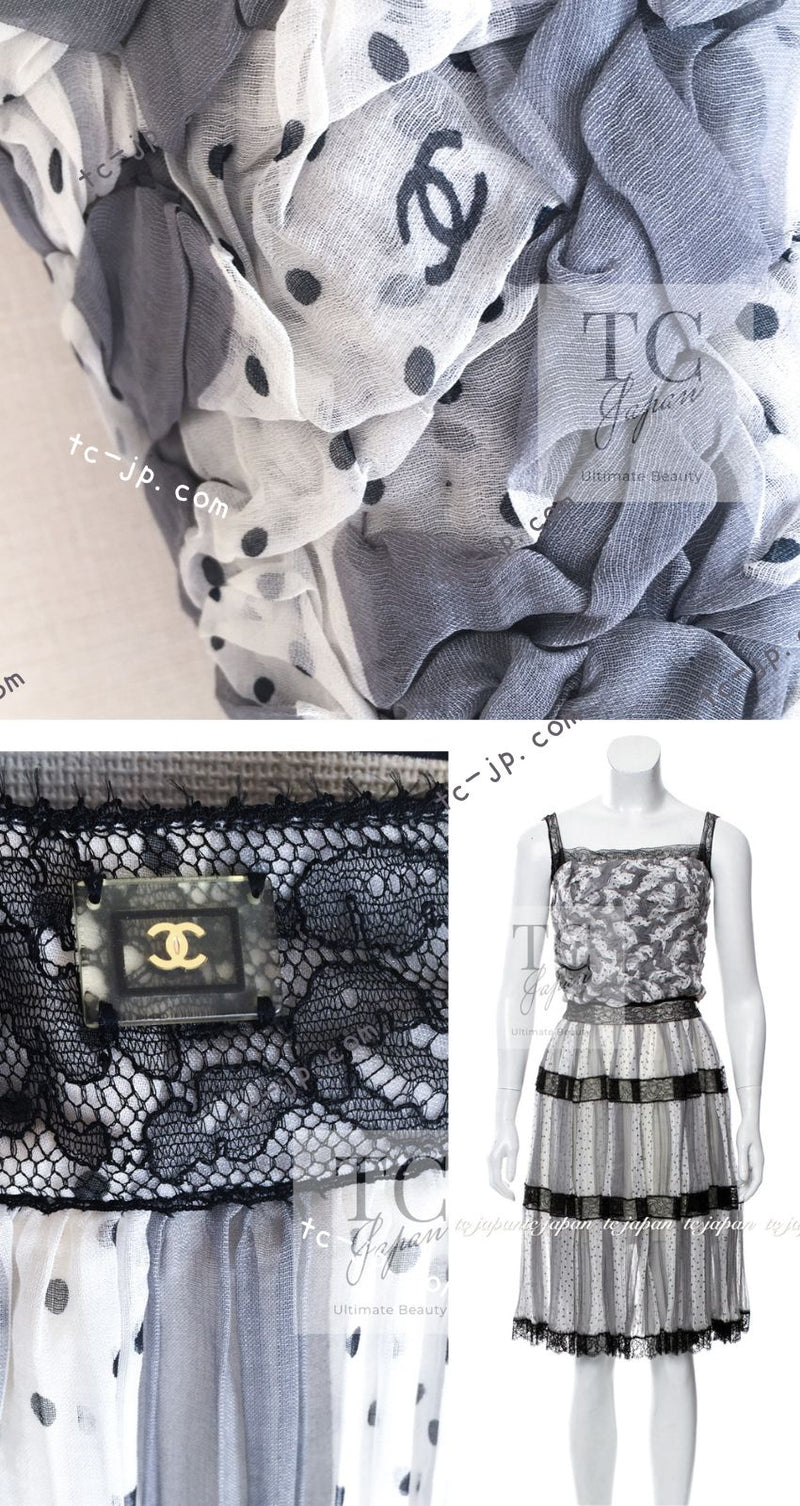 CHANEL 02S White Gray Dots Silk Set Up Camisole & Pleated Skirt 38 40 シャネル ホワイト グレー セットアップ キャミソール ＆ プリーツ スカート 即発