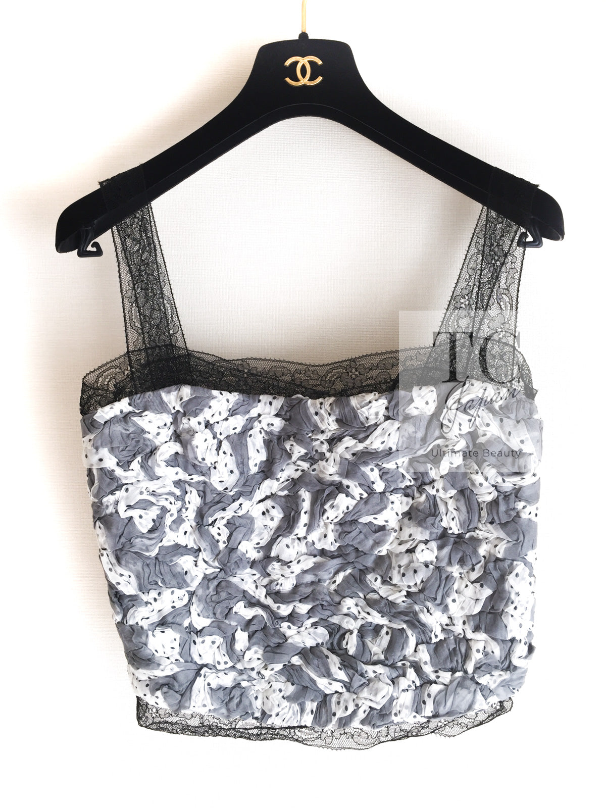 CHANEL 02S White Gray Dots Silk Set Up Camisole & Pleated Skirt 38 40 シャネル ホワイト グレー セットアップ キャミソール ＆ プリーツ スカート 即発