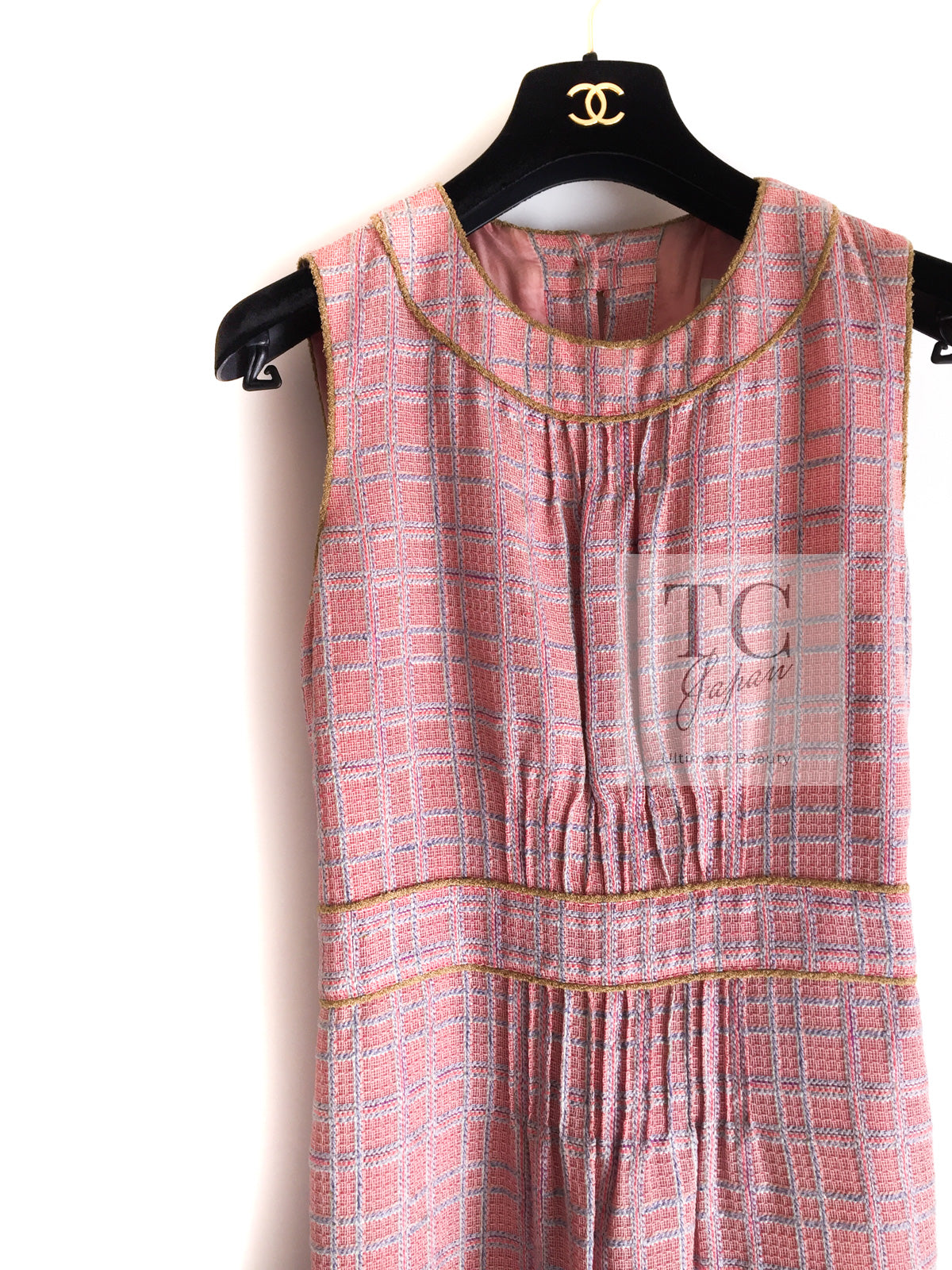 CHANEL 04S Pink Check Cotton Wool Sleeveless Dress Coat 38 シャネル ピンク チェック コットン ノースリーブ ワンピース 即発