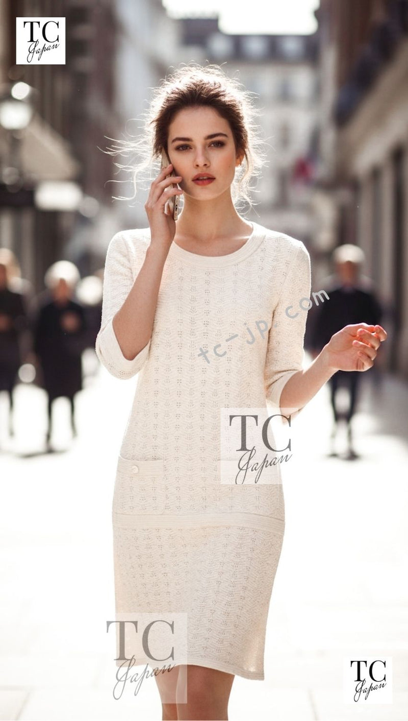 CHANEL 13S Ivory Cream Summer Cotton Knit Dress 34 シャネル アイボリークリーム 春夏 サマー コットン ニット ワンピース