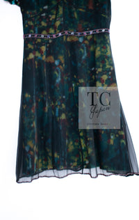 CHANEL 97A Black Green Watercolour Beaded Dress 34 36 シャネル ブラック グリーン CC ロゴ ビーズ装飾 ワンピース