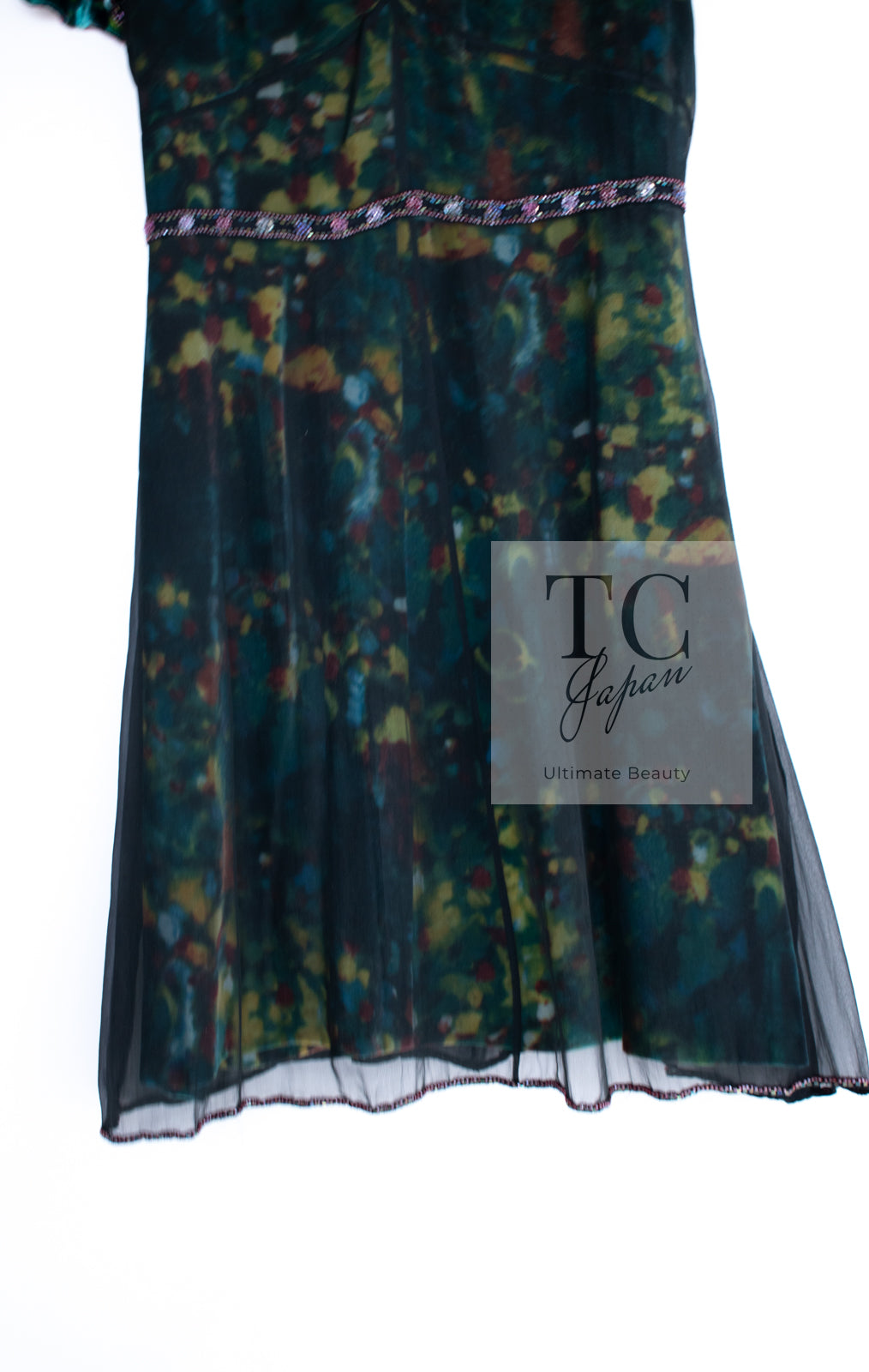 CHANEL 97A Black Green Watercolour Beaded Dress 34 36 シャネル ブラック グリーン CC ロゴ ビーズ装飾 ワンピース