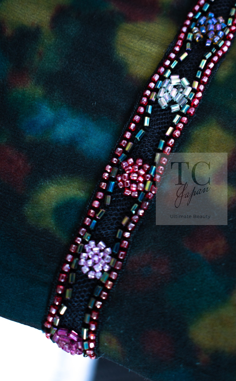 CHANEL 97A Black Green Watercolour Beaded Dress 34 36 シャネル ブラック グリーン CC ロゴ ビーズ装飾 ワンピース