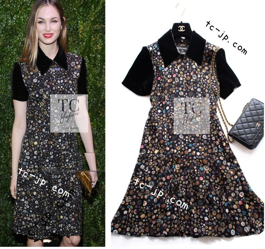 シャネル ワンピース CHANEL シルク CC ボタン シリーズ 柄 ベルベット 半袖 13B Black Silk CC Button  Series Velvet Short Sleeve Dress – TC JAPAN