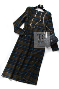 CHANEL 20C Olive Green Navy Striped Cashmere Knit Dress 40 シャネル オリーブ グリーン ネイビー ボーダー カシミア ニット ワンピース 即発