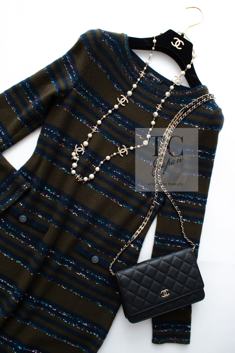 CHANEL 20C Olive Green Navy Striped Cashmere Knit Dress 40 シャネル オリーブ グリーン ネイビー ボーダー カシミア ニット ワンピース 即発