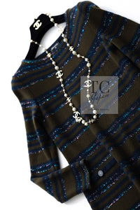 CHANEL 20C Olive Green Navy Striped Cashmere Knit Dress 40 シャネル オリーブ グリーン ネイビー ボーダー カシミア ニット ワンピース 即発