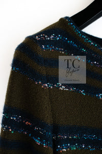 CHANEL 20C Olive Green Navy Striped Cashmere Knit Dress 40 シャネル オリーブ グリーン ネイビー ボーダー カシミア ニット ワンピース 即発