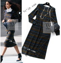 CHANEL 20C Olive Green Navy Striped Cashmere Knit Dress 40 シャネル オリーブ グリーン ネイビー ボーダー カシミア ニット ワンピース 即発