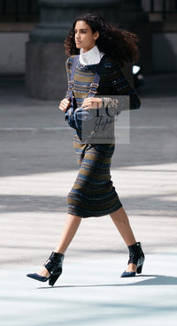 CHANEL 20C Olive Green Navy Striped Cashmere Knit Dress 40 シャネル オリーブ グリーン ネイビー ボーダー カシミア ニット ワンピース 即発