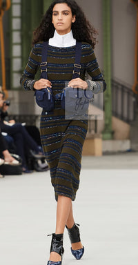 CHANEL 20C Olive Green Navy Striped Cashmere Knit Dress 40 シャネル オリーブ グリーン ネイビー ボーダー カシミア ニット ワンピース 即発