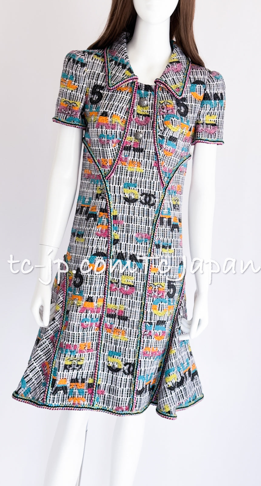CHANEL 15S Multicolor Keira Knightley CC Logo Tweed Dress 38 シャネル マルチカラー キーラナイトレイ着 ツイード ワンピース 即発