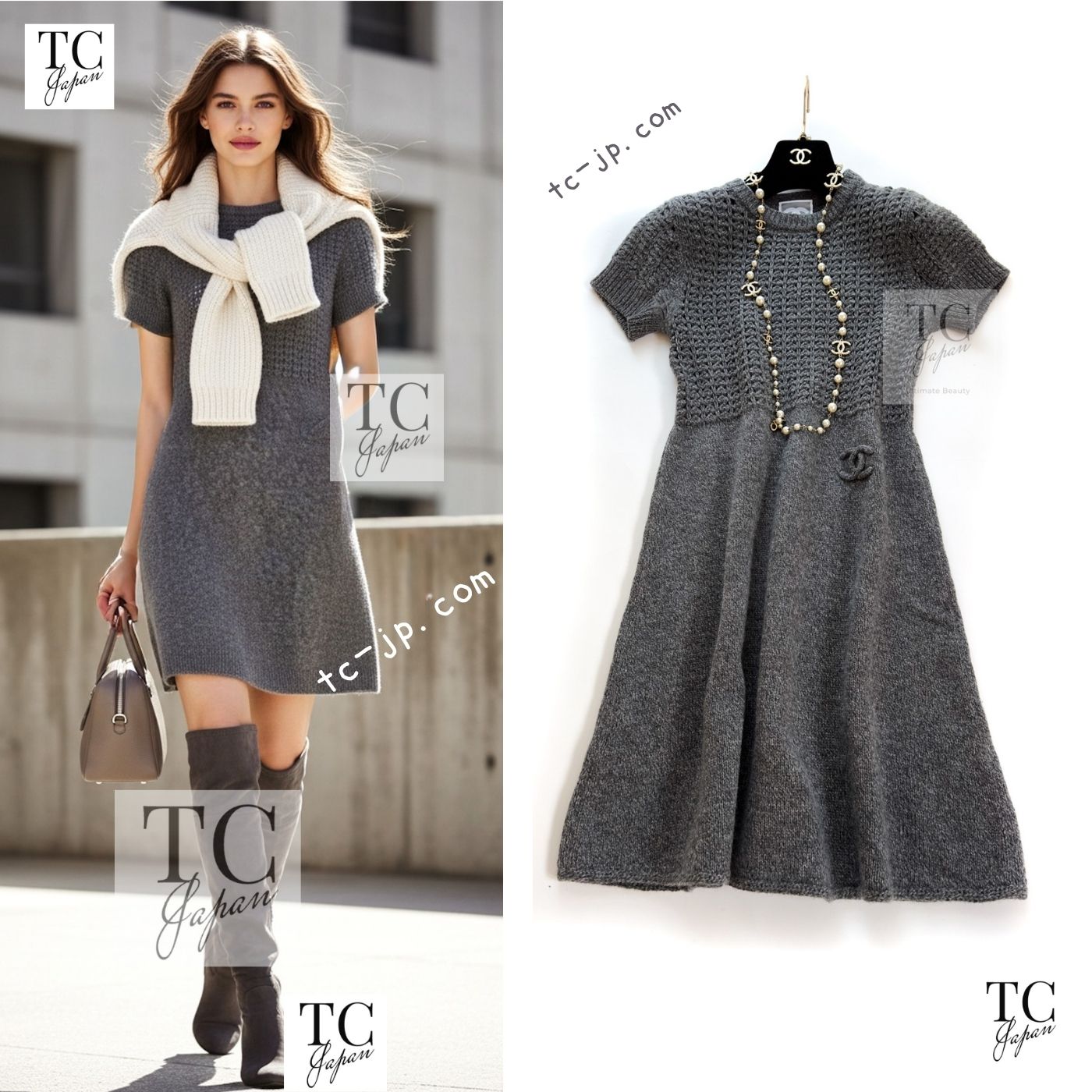 CHANEL 09A Gray Wool Cashmere CC Logo Knit Dress 34 42 シャネル グレー ウール カシミア CC ロゴ ココマーク ニット ワンピース