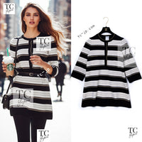 CHANEL 07S Beige Ivory Black Metallic Striped Silk Tunic Tops 40 シャネル ベージュ アイボリー ブラック メタリック ストライプ シルク チュニックトップス 即発