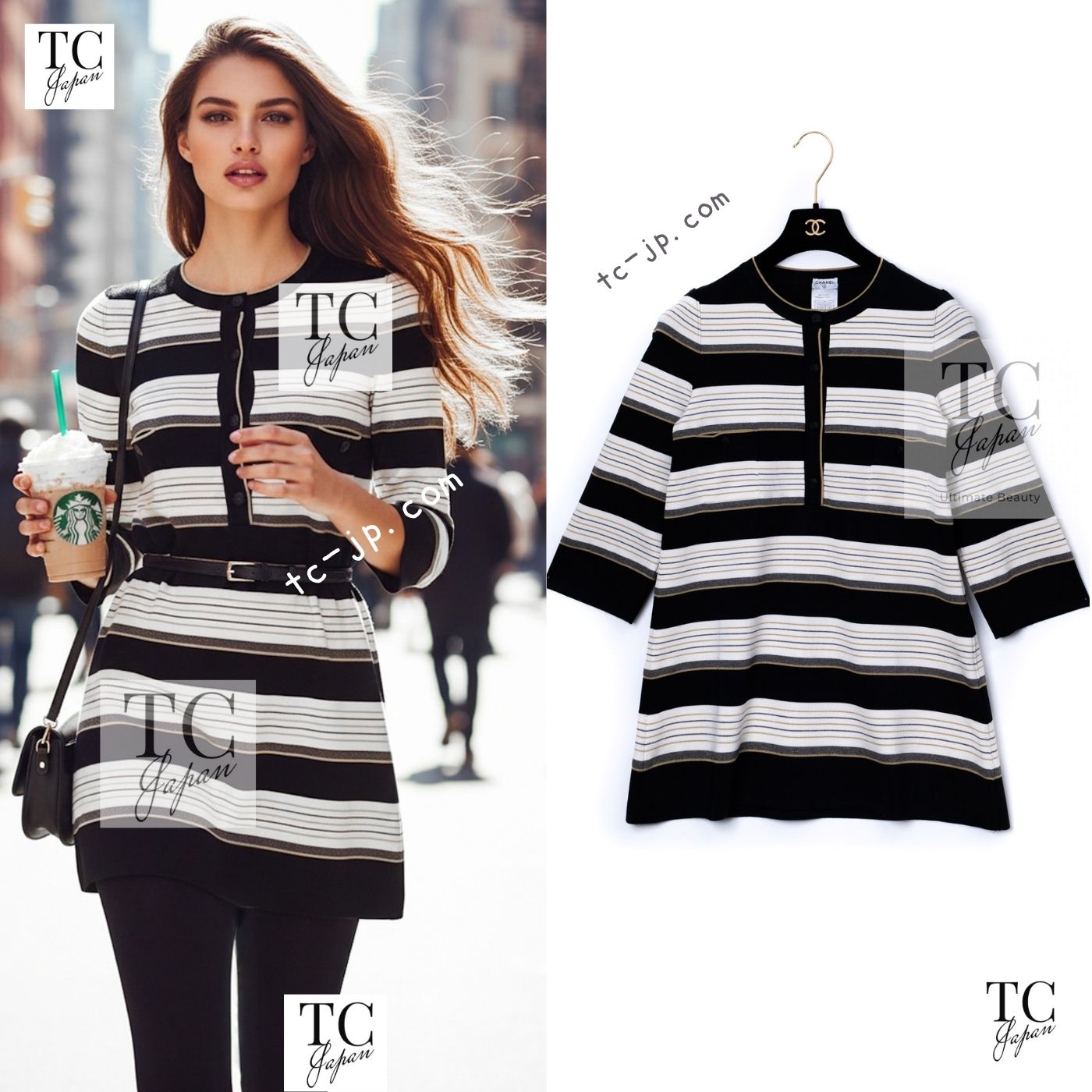 CHANEL 07S Beige Ivory Black Metallic Striped Silk Tunic Tops 40 シャネル ベージュ アイボリー ブラック メタリック ストライプ シルク チュニックトップス 即発
