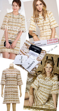 CHANEL 15C Camel Creme Pink Striped Knit Dress 42 シャネル キャメル クリーム ピンク ストライプ グリポワ ボタン ニット ワンピース 即発