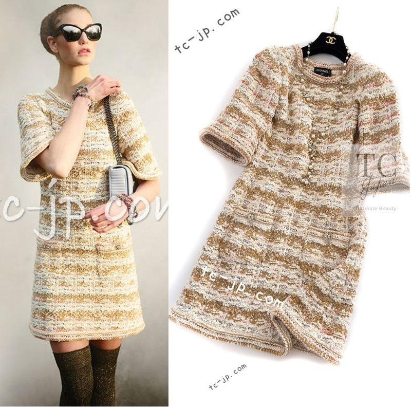 CHANEL 15C Camel Creme Pink Striped Knit Dress 42 シャネル キャメル クリーム ピンク ストライプ グリポワ ボタン ニット ワンピース 即発