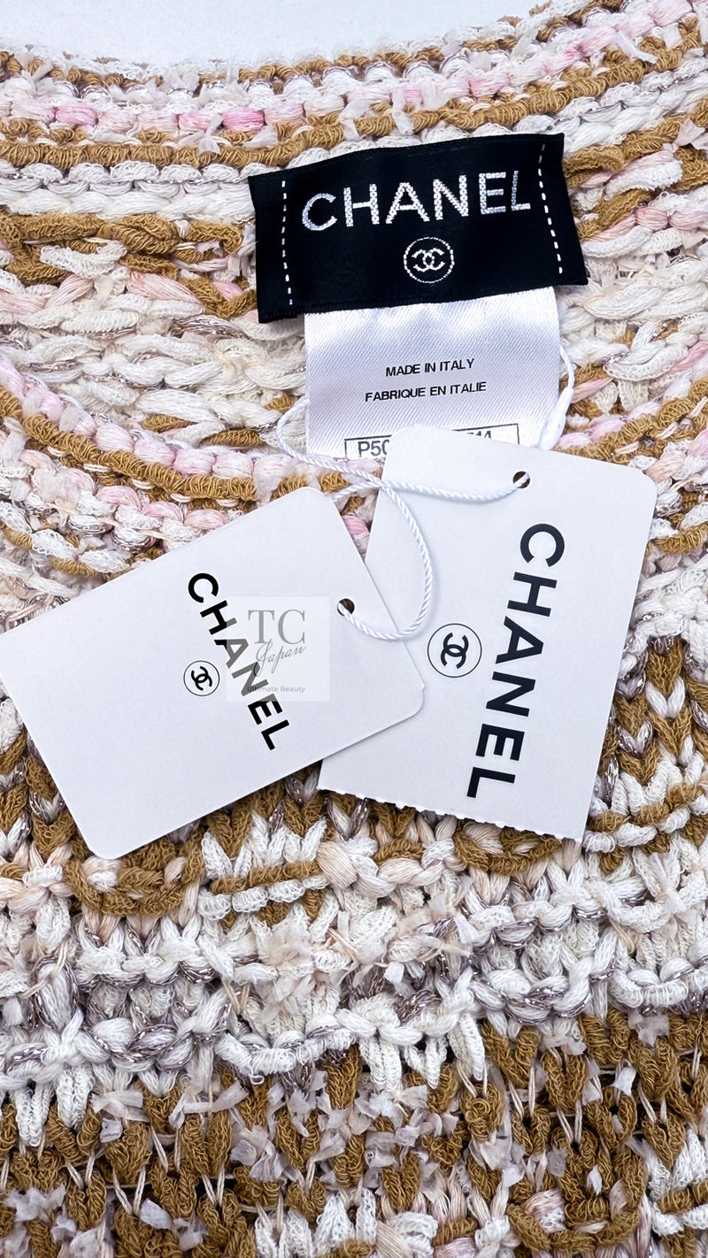 CHANEL 15C Camel Creme Pink Striped Knit Dress 42 シャネル キャメル クリーム ピンク ストライプ グリポワ ボタン ニット ワンピース 即発