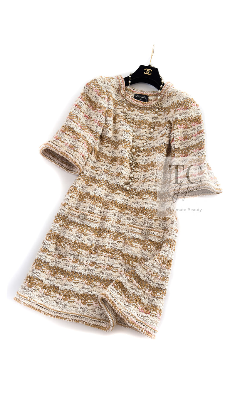 CHANEL 15C Camel Creme Pink Striped Knit Dress 42 シャネル キャメル クリーム ピンク ストライプ グリポワ ボタン ニット ワンピース 即発