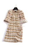 CHANEL 15C Camel Creme Pink Striped Knit Dress 42 シャネル キャメル クリーム ピンク ストライプ グリポワ ボタン ニット ワンピース 即発