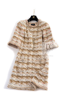 CHANEL 15C Camel Creme Pink Striped Knit Dress 42 シャネル キャメル クリーム ピンク ストライプ グリポワ ボタン ニット ワンピース 即発