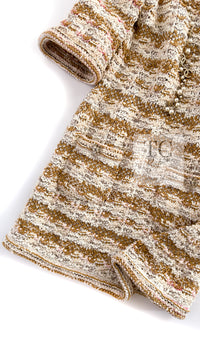 CHANEL 15C Camel Creme Pink Striped Knit Dress 42 シャネル キャメル クリーム ピンク ストライプ グリポワ ボタン ニット ワンピース 即発