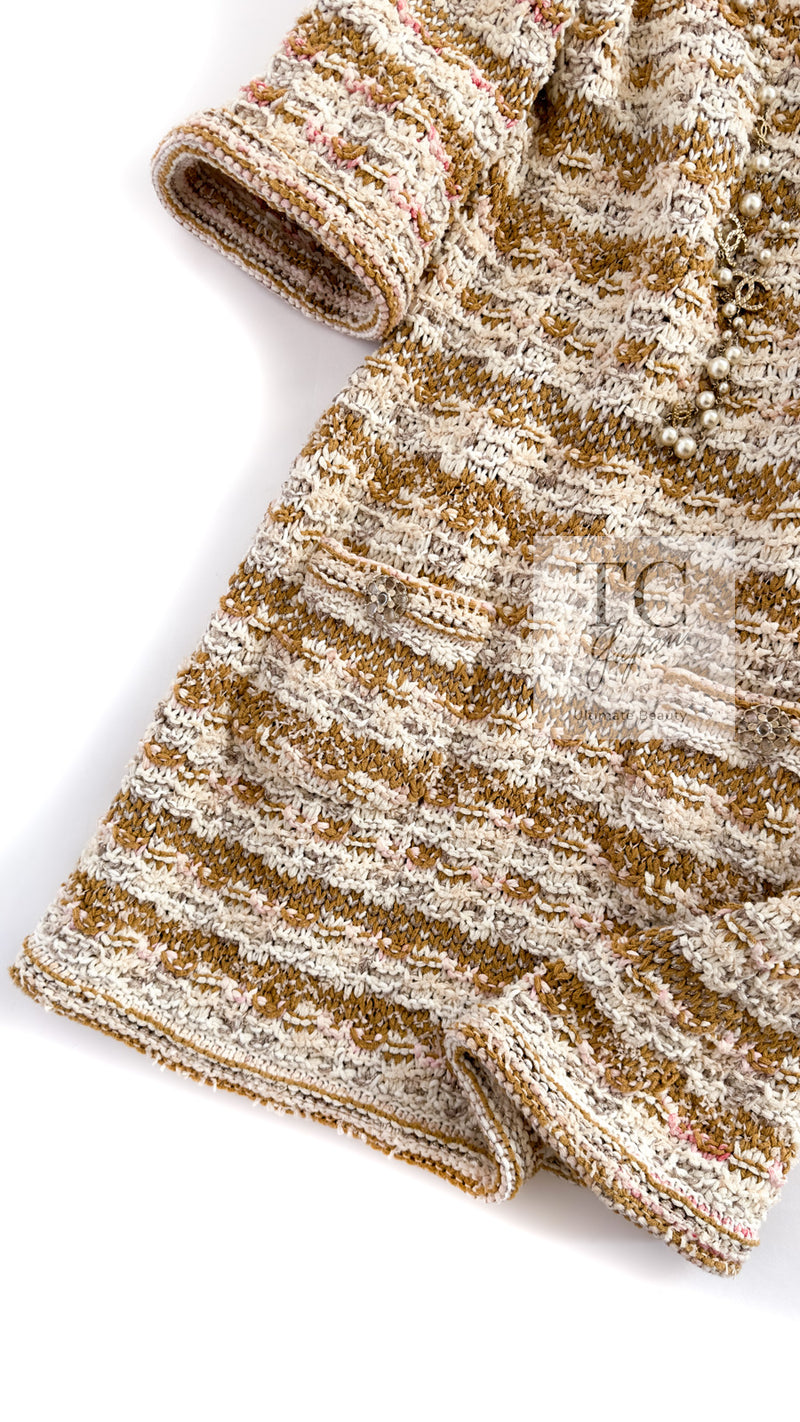 CHANEL 15C Camel Creme Pink Striped Knit Dress 42 シャネル キャメル クリーム ピンク ストライプ グリポワ ボタン ニット ワンピース 即発