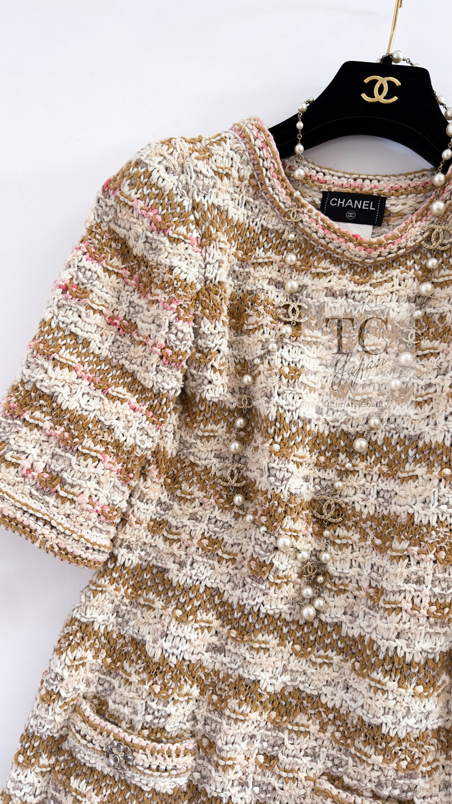 CHANEL 15C Camel Creme Pink Striped Knit Dress 42 シャネル キャメル クリーム ピンク ストライプ グリポワ ボタン ニット ワンピース 即発