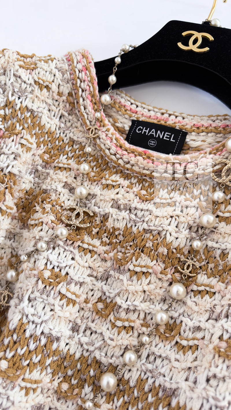 CHANEL 15C Camel Creme Pink Striped Knit Dress 42 シャネル キャメル クリーム ピンク ストライプ グリポワ ボタン ニット ワンピース 即発
