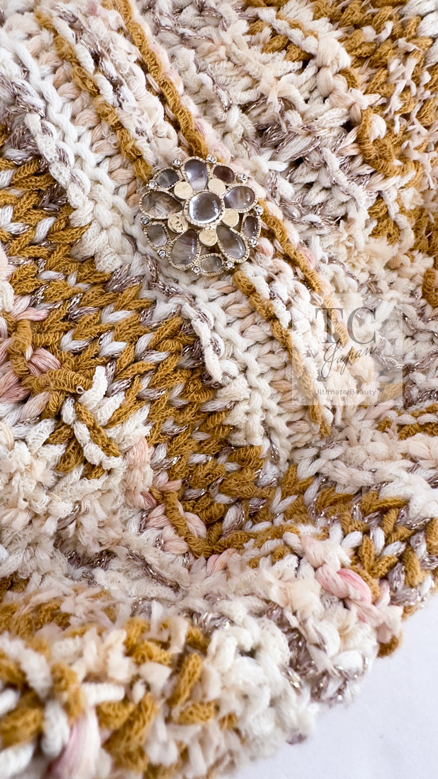 CHANEL 15C Camel Creme Pink Striped Knit Dress 42 シャネル キャメル クリーム ピンク ストライプ グリポワ ボタン ニット ワンピース 即発