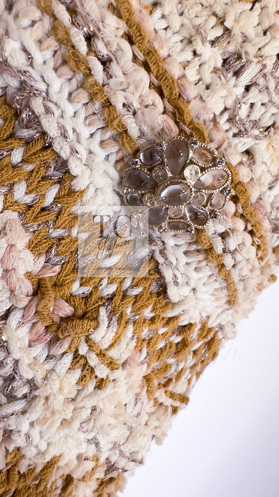 CHANEL 15C Camel Creme Pink Striped Knit Dress 42 シャネル キャメル クリーム ピンク ストライプ グリポワ ボタン ニット ワンピース 即発