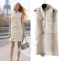 CHANEL 14S Creme Beige Sleeveless Cotton Tweed Dress 38 シャネル クリーム ベージュ ノースリーブ コットン ツイード ワンピース 即発