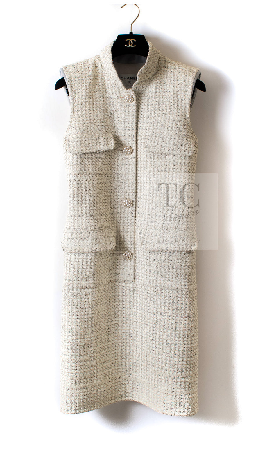 CHANEL 14S Creme Beige Sleeveless Cotton Tweed Dress 38 シャネル クリーム ベージュ ノースリーブ コットン ツイード ワンピース 即発