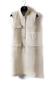 CHANEL 14S Creme Beige Sleeveless Cotton Tweed Dress 38 シャネル クリーム ベージュ ノースリーブ コットン ツイード ワンピース 即発