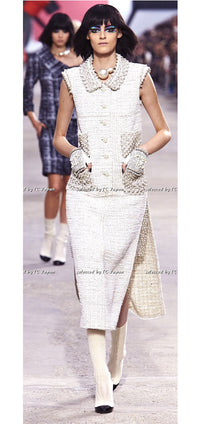 CHANEL 14S Creme Beige Sleeveless Cotton Tweed Dress 38 シャネル クリーム ベージュ ノースリーブ コットン ツイード ワンピース 即発