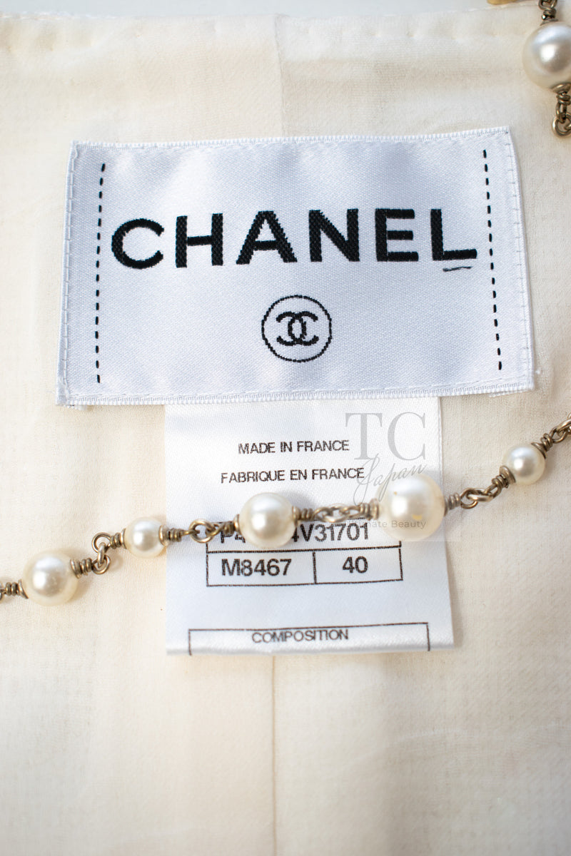CHANEL 12S Creme Ivory Cotton Seashell Mosaic Decoration Jacket 40 42 シャネル クリーム アイボリー コットン 貝殻モザイク 装飾 ジャケット 即発
