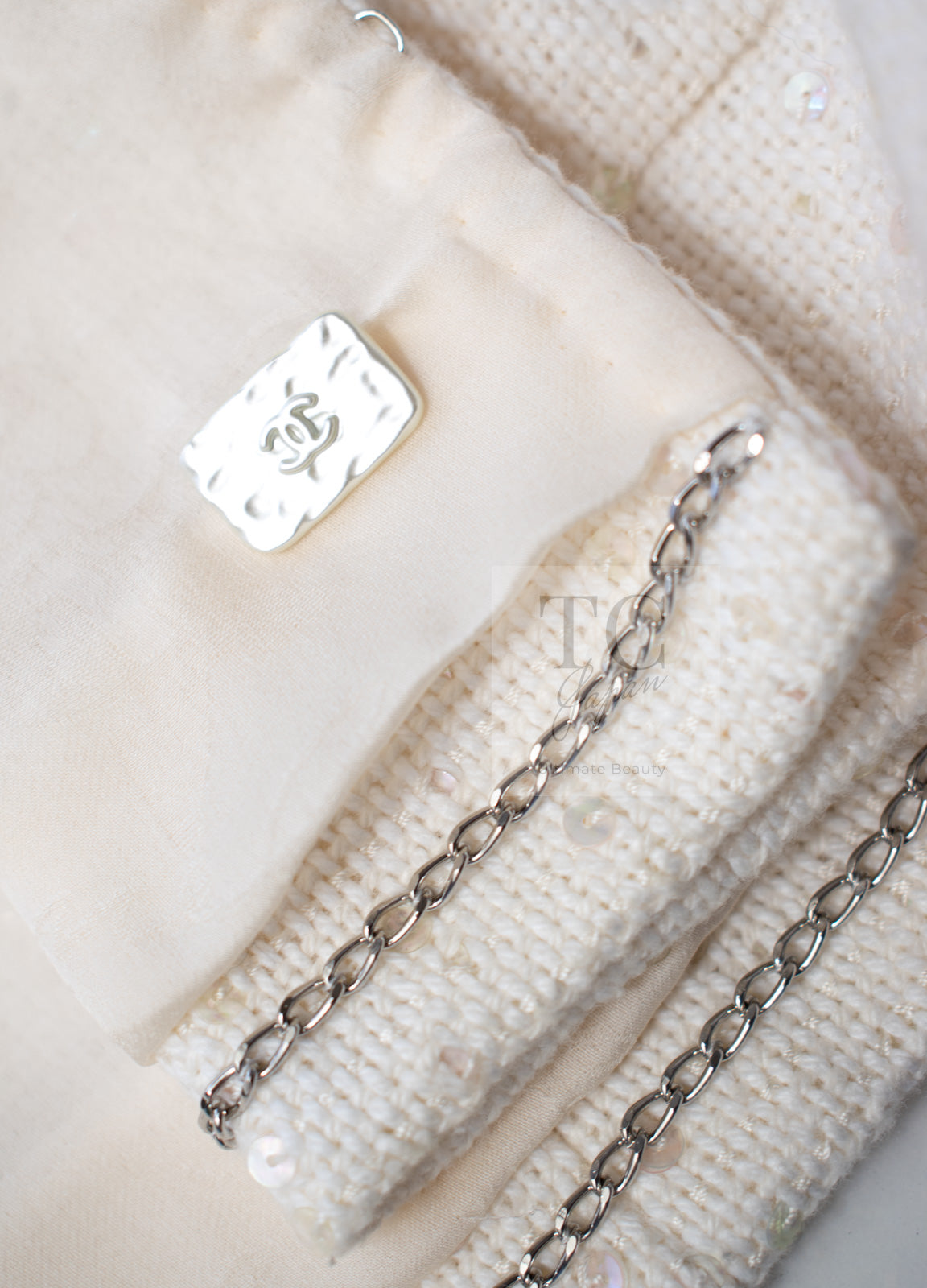 CHANEL 12S Creme Ivory Cotton Seashell Mosaic Decoration Jacket 40 42 シャネル クリーム アイボリー コットン 貝殻モザイク 装飾 ジャケット 即発