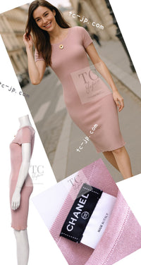 CHANEL 11S Pale Moss Pink Camellia Knit Stretch Soft Dress 34 シャネル 淡い モス ピンク カメリア装飾 ニット ストレッチ ソフト ワンピース 即発
