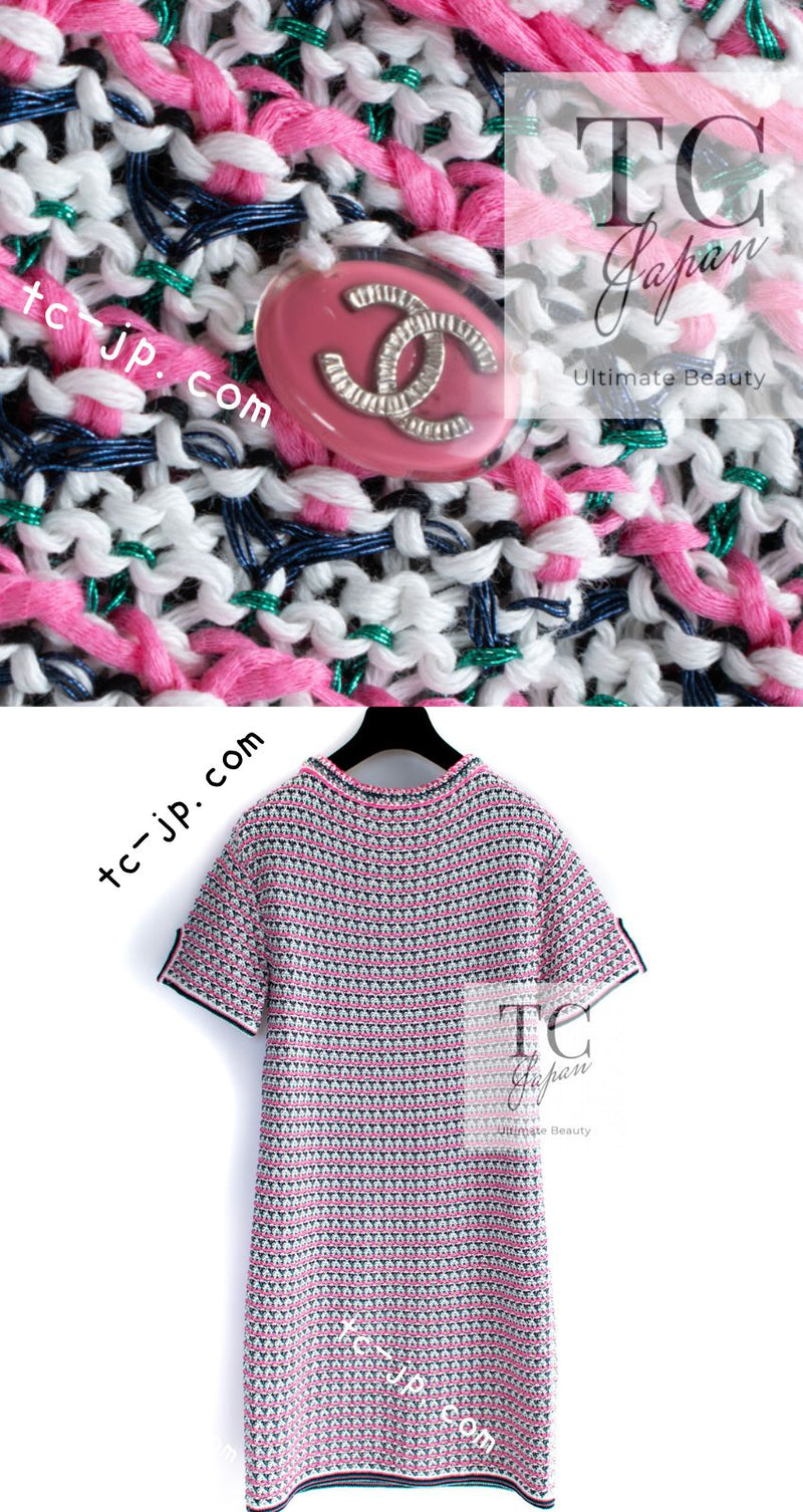 CHANEL 17S Pink Multi Cotton Blend Knit Stretch Dress 40 シャネル ピンク マルチ コットン ブレンド ニット ストレッチ ワンピース 即発