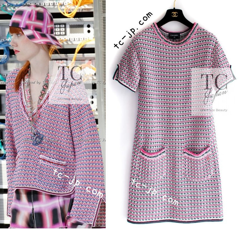 CHANEL 17S Pink Multi Cotton Blend Knit Stretch Dress 40 シャネル ピンク マルチ コットン ブレンド ニット ストレッチ ワンピース 即発