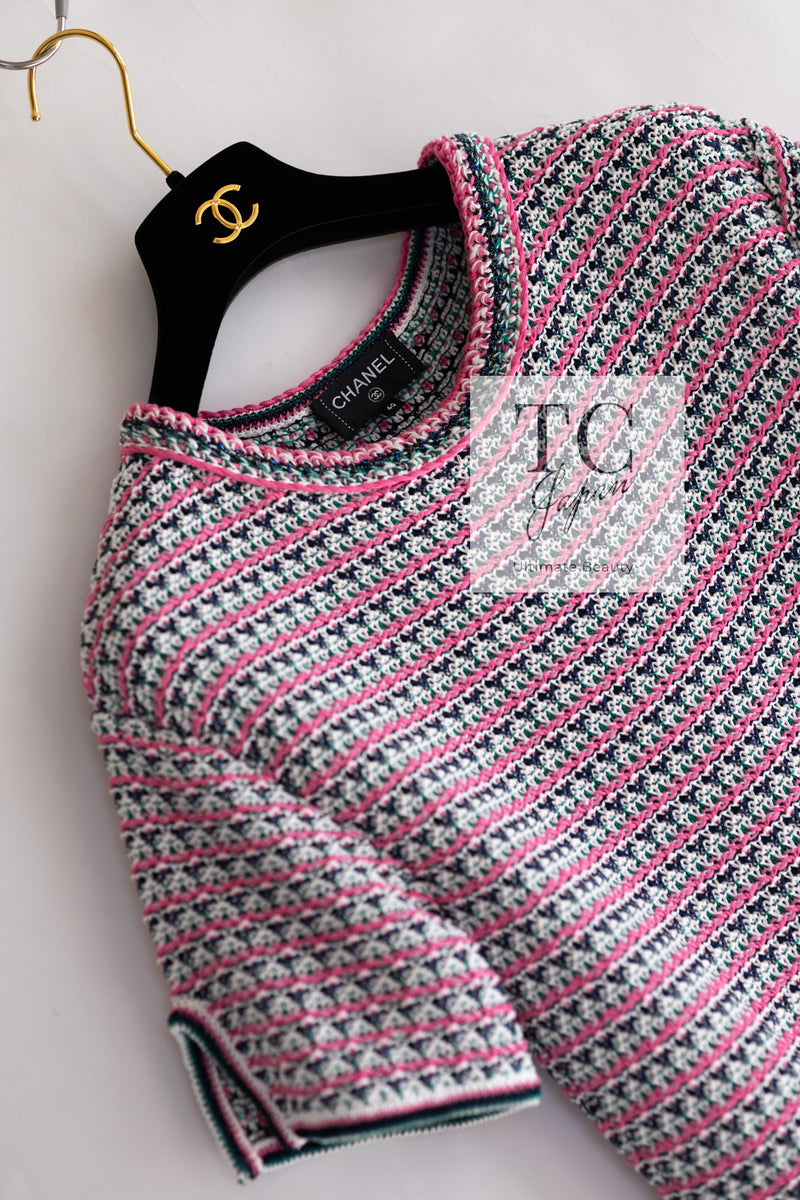 CHANEL 17S Pink Multi Cotton Blend Knit Stretch Dress 40 シャネル ピンク マルチ コットン ブレンド ニット ストレッチ ワンピース 即発