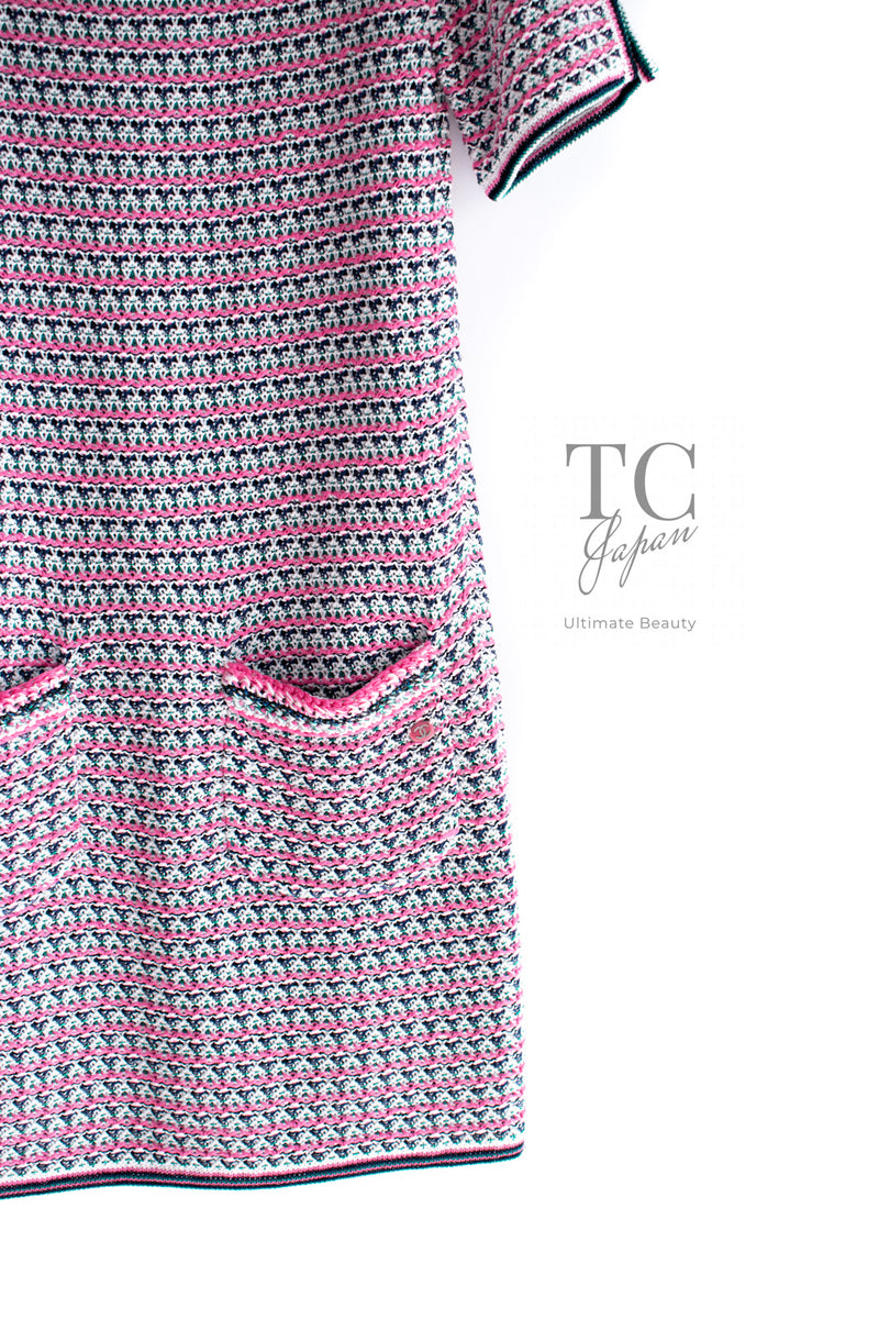 CHANEL 17S Pink Multi Cotton Blend Knit Stretch Dress 40 シャネル ピンク マルチ コットン ブレンド ニット ストレッチ ワンピース 即発