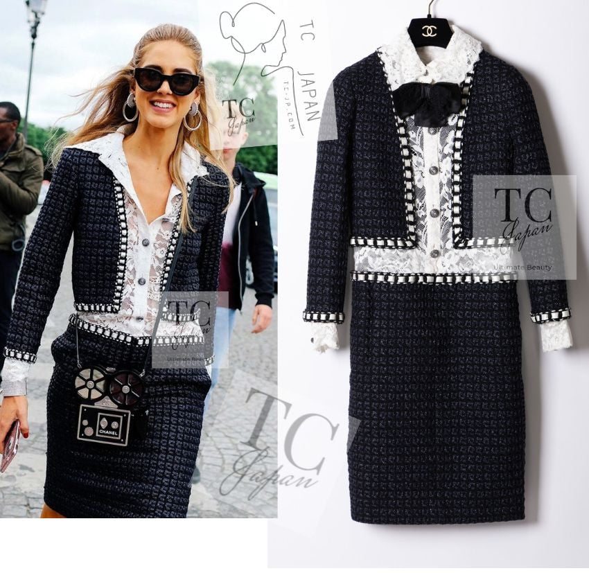 CHANEL 16PF Dark Navy Ivory Fantasy Tweed Lace Dress 34 36 シャネル ダーク ネイビー アイボリー ファンタジー ツイード レース ワンピース 即発