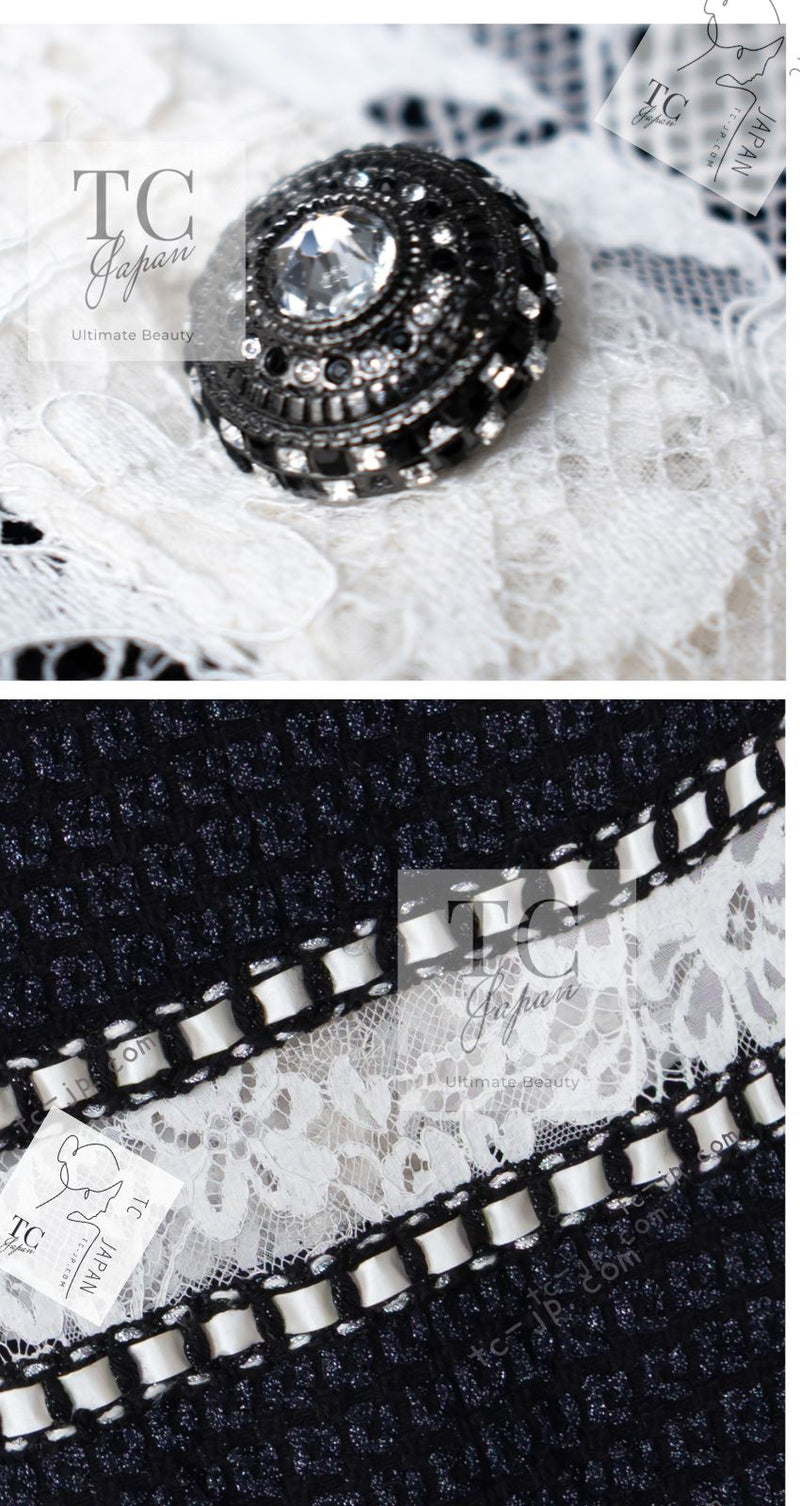 CHANEL 16PF Dark Navy Ivory Fantasy Tweed Lace Dress 34 36 シャネル ダーク ネイビー アイボリー ファンタジー ツイード レース ワンピース 即発