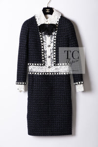 CHANEL 16PF Dark Navy Ivory Fantasy Tweed Lace Dress 34 36 シャネル ダーク ネイビー アイボリー ファンタジー ツイード レース ワンピース 即発